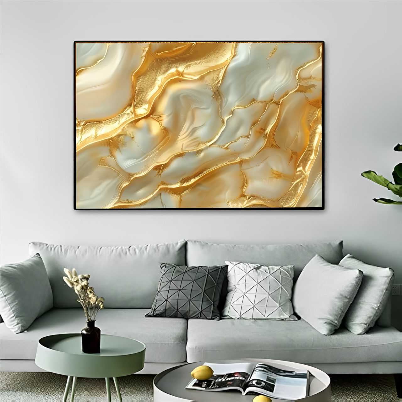 Quadro Decorativo Abstrato Ouro e Branco Luxuoso